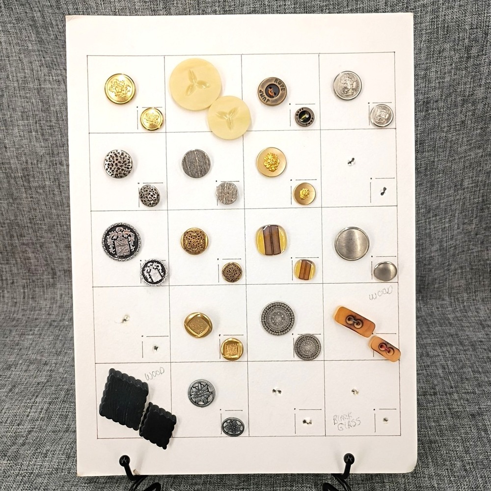 32 Vtg Assorted Buttons on Card Wood, Metal, Celluloid Various Shapes Sizes